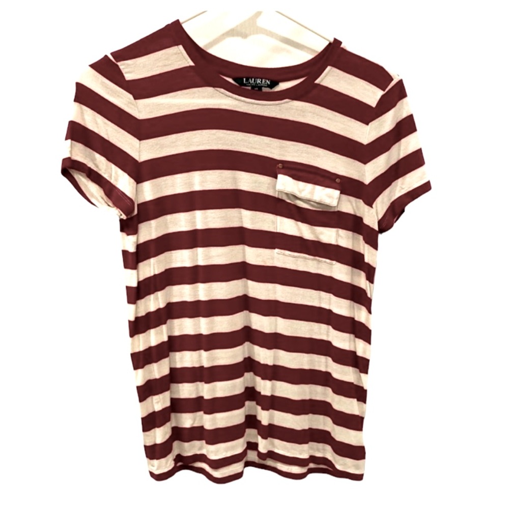 Women’s Lauren—Ralph Lauren Red And White Striped Short Sleeve T-Shirt. Size XS.